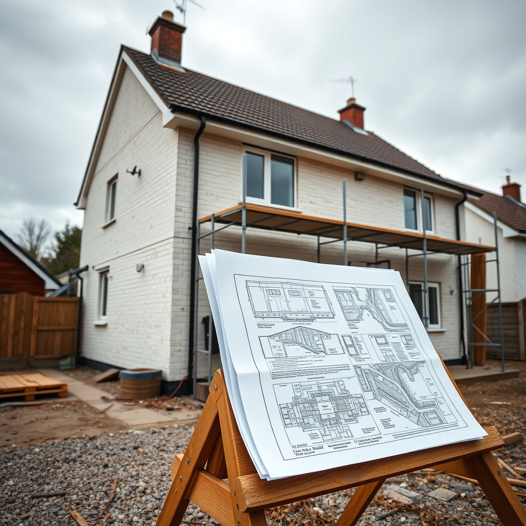 Scaffolding on small UK house extension with unmarked plans on trestle